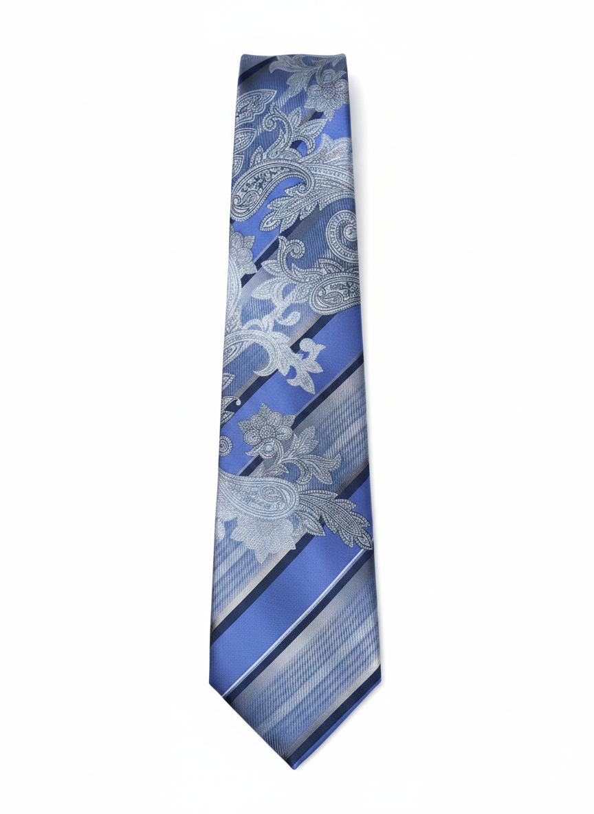 Modern Baroque Silk Tie – Royal Blue, Silver & Ice Stripe Edition Now
