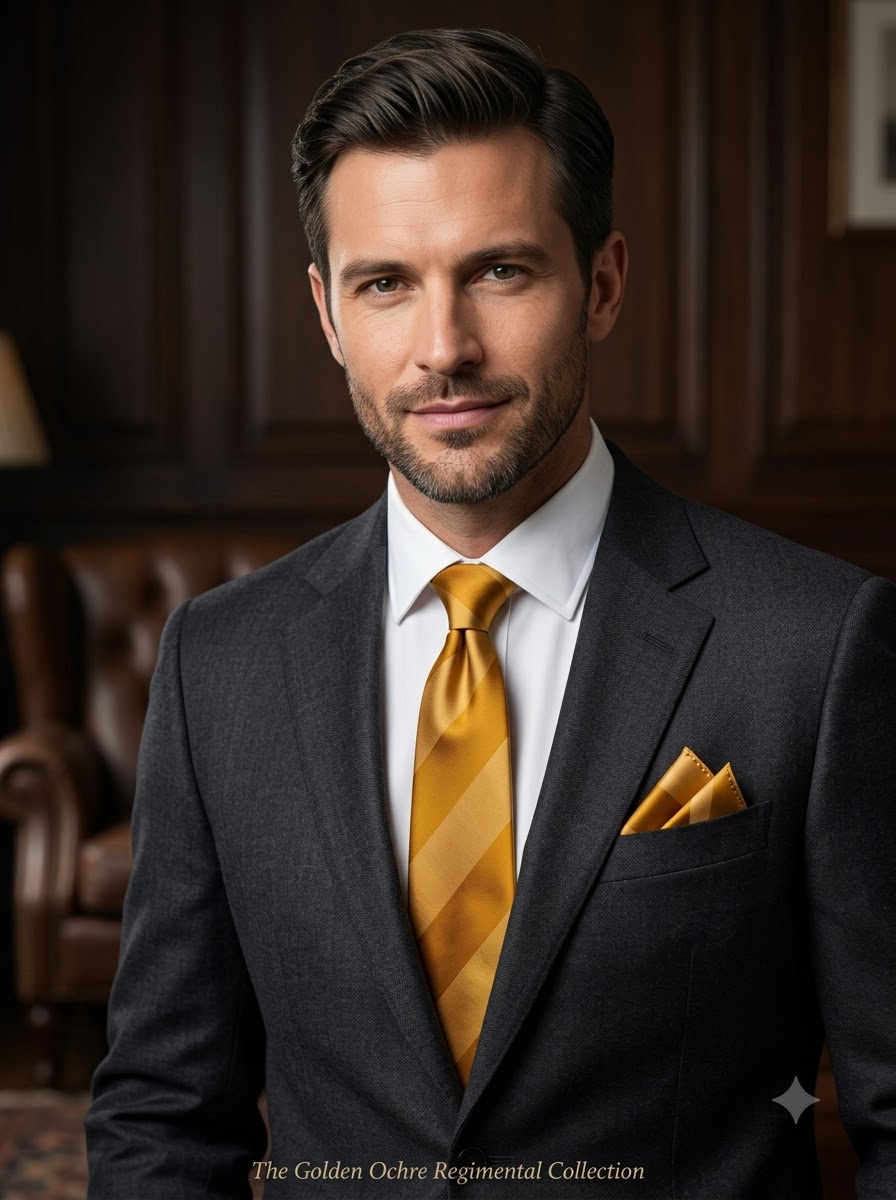 Golden Ochre Regimental Striped Silk Necktie & Pocket Square Set