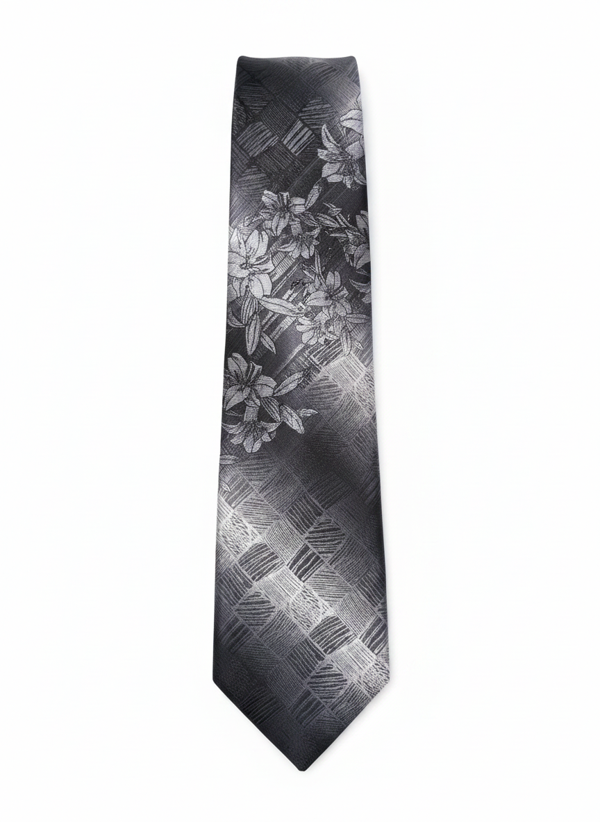 Architectural Floral Silk Tie – Shaded Slate & Silver Parquet Weave