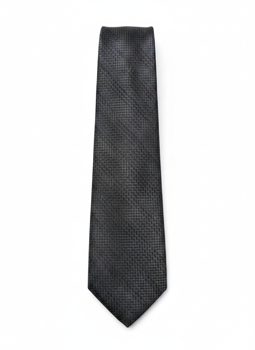 Architectural Herringbone Micro-Grid Jacquard Tie – Monochrome Graphite