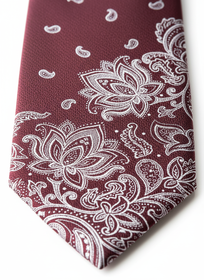 Asymmetrical Jacquard Paisley Tie – Muted Burgundy & Silver Lace Edition
