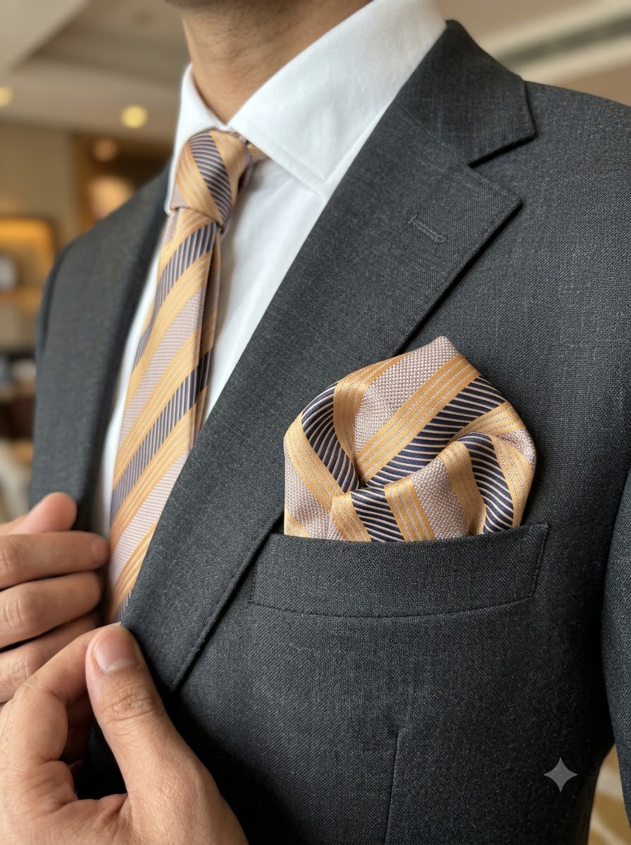 Champagne Gold & Charcoal Striped Woven Silk Necktie & Pocket Square Set