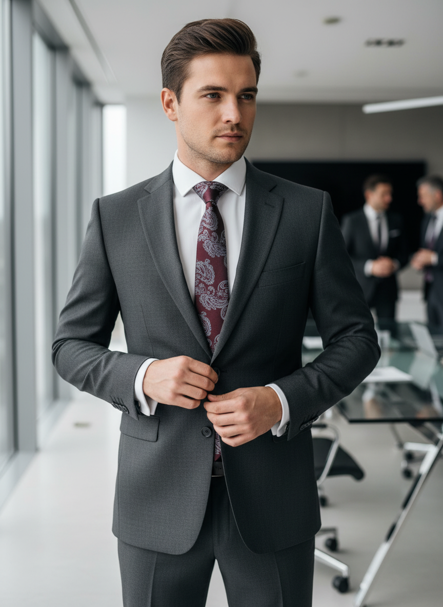 Asymmetrical Embroidered Effect Paisley Tie – Rich Wine & Icy Grey