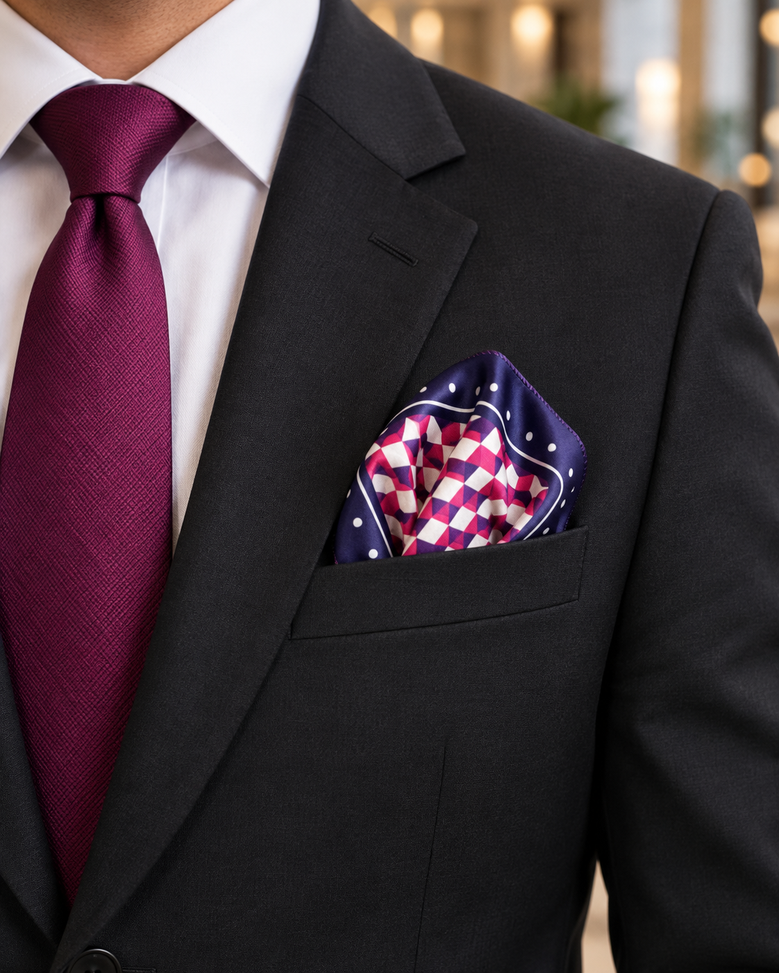 Midnight Navy 3D Isometric Cube & Polka Dot Frame Pocket Square