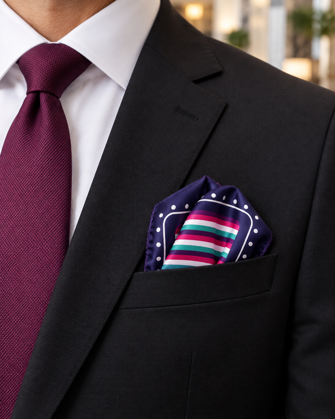 Midnight Navy Retro Stripe & Polka Dot Frame Pocket Square