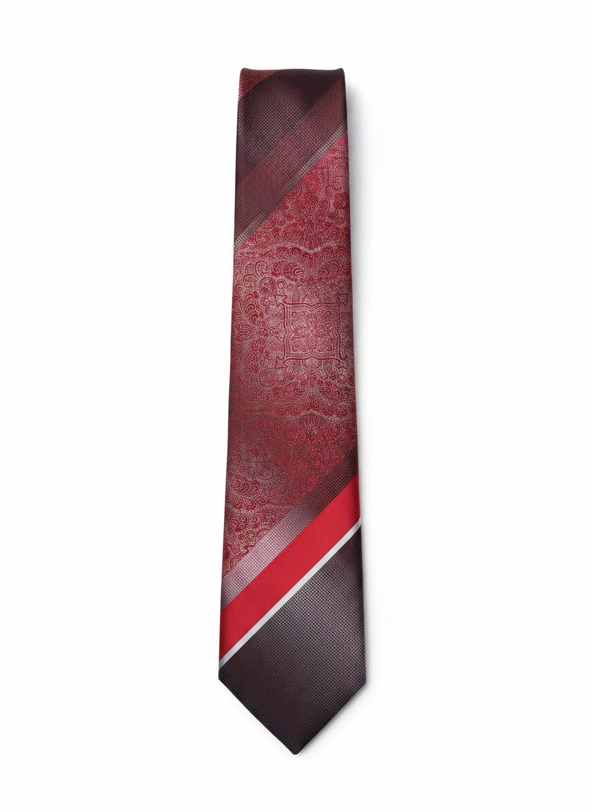 Modern Panel Silk Tie – Ruby Red Damask with Diagonal Accent Stripe