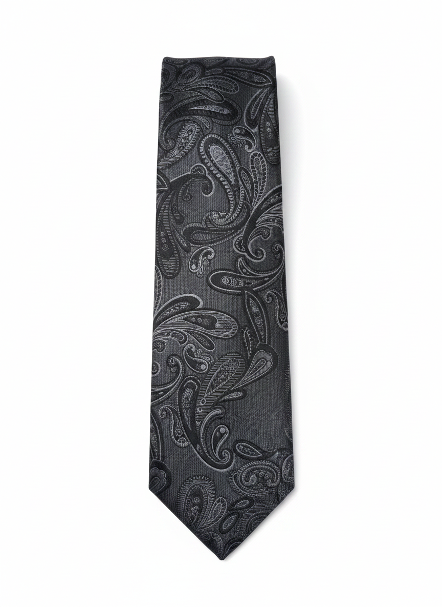 Monochrome Paisley Jacquard Tie – Slate Grey & Matte Black Panel Edition