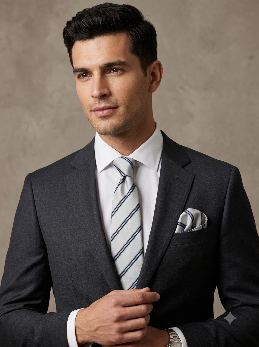 Silver Grey & Navy Dual-Stripe Silk Necktie & Pocket Square Set