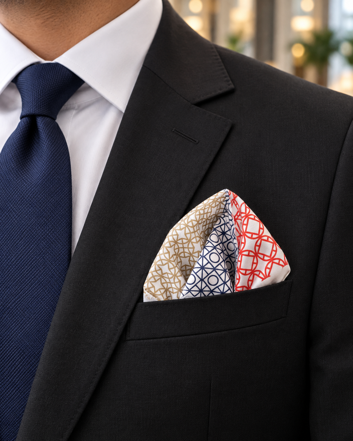 Tricolor Geometric Lattice White Pocket Square  Slug